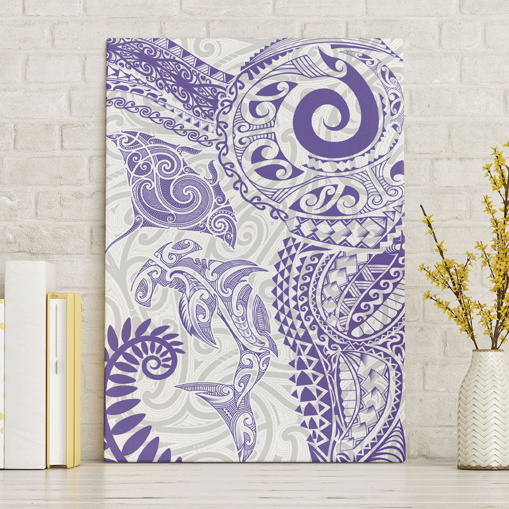 Aotearoa Maori Sea Animals Tribal Canvas Wall Art Manta Ray and Shark Moko Pattern Purple Color LT03 Without Frame Purple - Polynesian Pride