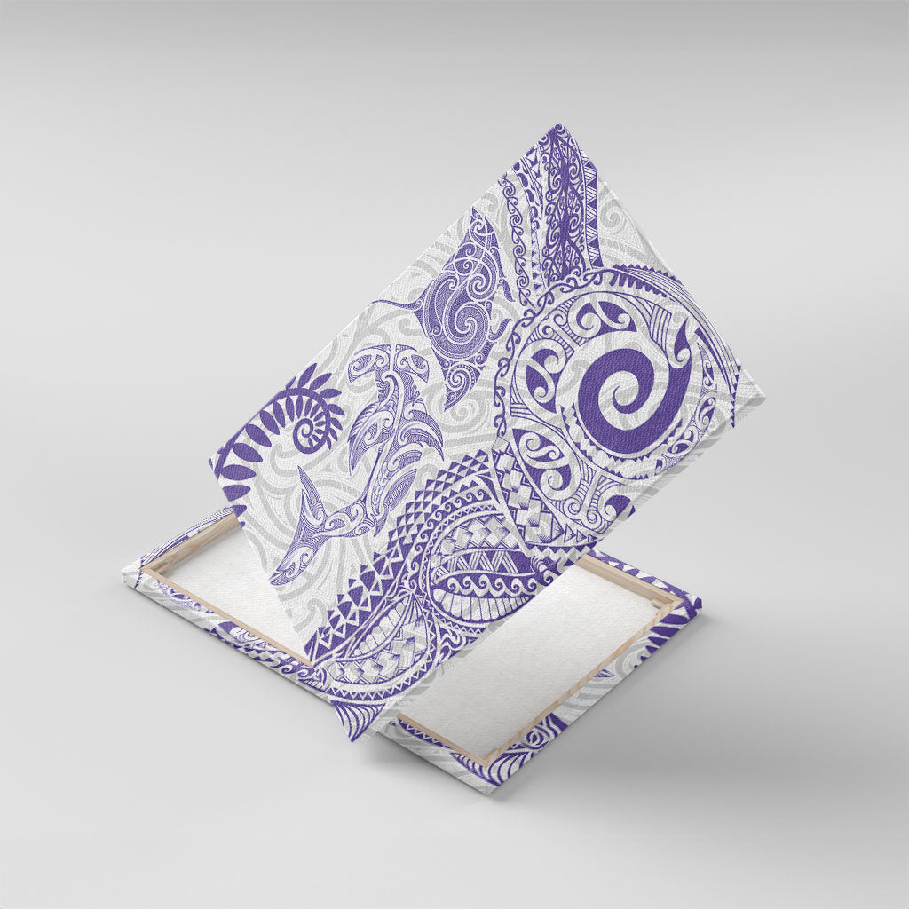 Aotearoa Maori Sea Animals Tribal Canvas Wall Art Manta Ray and Shark Moko Pattern Purple Color LT03 With Frame Purple - Polynesian Pride