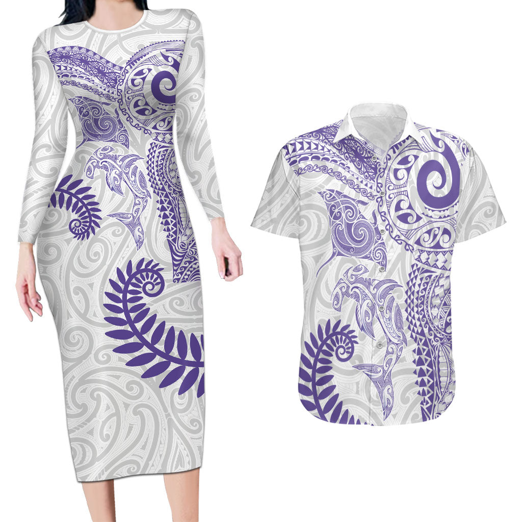Aotearoa Maori Sea Animals Tribal Couples Matching Long Sleeve Bodycon Dress and Hawaiian Shirt Manta Ray and Shark Moko Pattern Purple Color LT03 Purple - Polynesian Pride