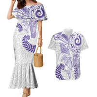 Aotearoa Maori Sea Animals Tribal Couples Matching Mermaid Dress and Hawaiian Shirt Manta Ray and Shark Moko Pattern Purple Color LT03 Purple - Polynesian Pride