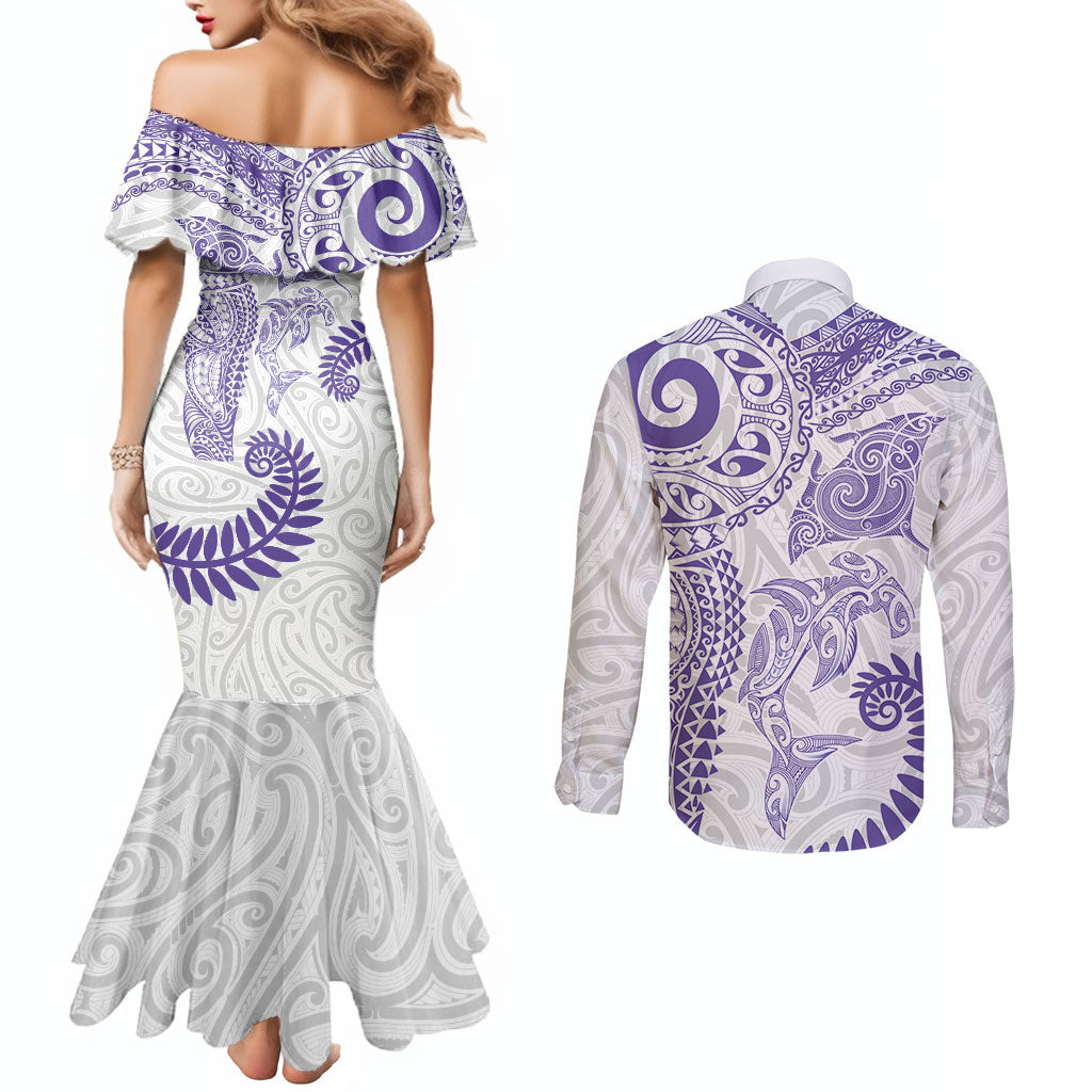 Aotearoa Maori Sea Animals Tribal Couples Matching Mermaid Dress and Long Sleeve Button Shirt Manta Ray and Shark Moko Pattern Purple Color LT03 - Polynesian Pride