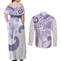 Aotearoa Maori Sea Animals Tribal Couples Matching Off Shoulder Maxi Dress and Long Sleeve Button Shirt Manta Ray and Shark Moko Pattern Purple Color LT03 - Polynesian Pride