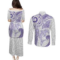 Aotearoa Maori Sea Animals Tribal Couples Matching Puletasi and Long Sleeve Button Shirt Manta Ray and Shark Moko Pattern Purple Color LT03 - Polynesian Pride