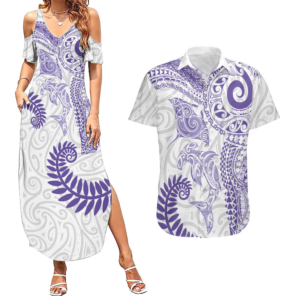 Aotearoa Maori Sea Animals Tribal Couples Matching Summer Maxi Dress and Hawaiian Shirt Manta Ray and Shark Moko Pattern Purple Color LT03 Purple - Polynesian Pride