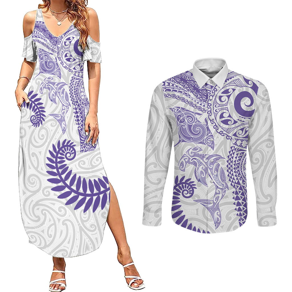 Aotearoa Maori Sea Animals Tribal Couples Matching Summer Maxi Dress and Long Sleeve Button Shirt Manta Ray and Shark Moko Pattern Purple Color LT03 Purple - Polynesian Pride