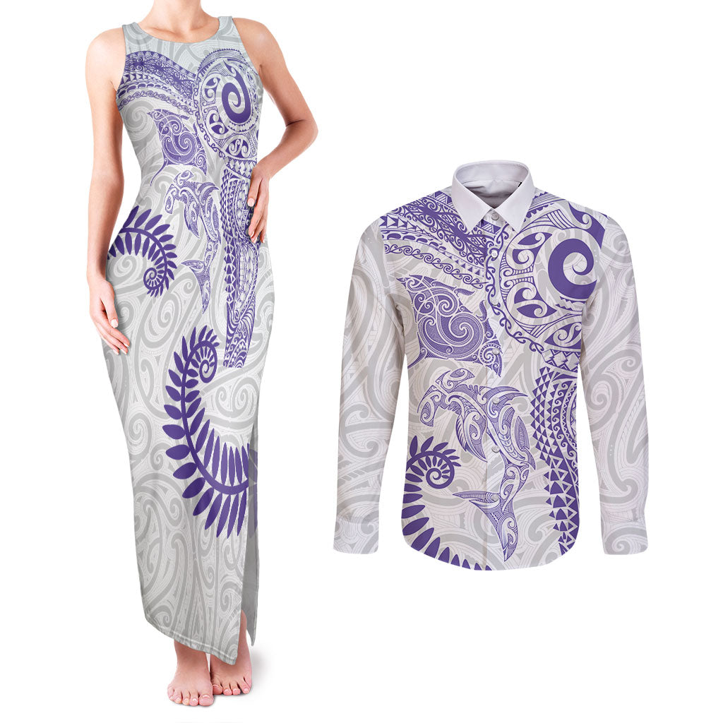 Aotearoa Maori Sea Animals Tribal Couples Matching Tank Maxi Dress and Long Sleeve Button Shirt Manta Ray and Shark Moko Pattern Purple Color LT03 Purple - Polynesian Pride