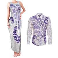 Aotearoa Maori Sea Animals Tribal Couples Matching Tank Maxi Dress and Long Sleeve Button Shirt Manta Ray and Shark Moko Pattern Purple Color LT03 Purple - Polynesian Pride