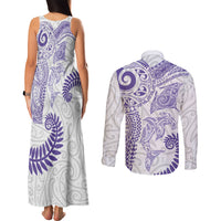 Aotearoa Maori Sea Animals Tribal Couples Matching Tank Maxi Dress and Long Sleeve Button Shirt Manta Ray and Shark Moko Pattern Purple Color LT03 - Polynesian Pride