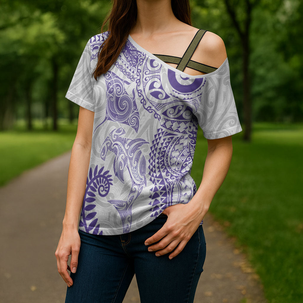 Aotearoa Maori Sea Animals Tribal Cross Shoulder Shirt Manta Ray and Shark Moko Pattern Purple Color LT03 - Polynesian Pride