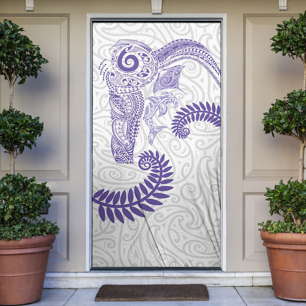 Aotearoa Maori Sea Animals Tribal Door Cover Manta Ray and Shark Moko Pattern Purple Color LT03 Purple - Polynesian Pride