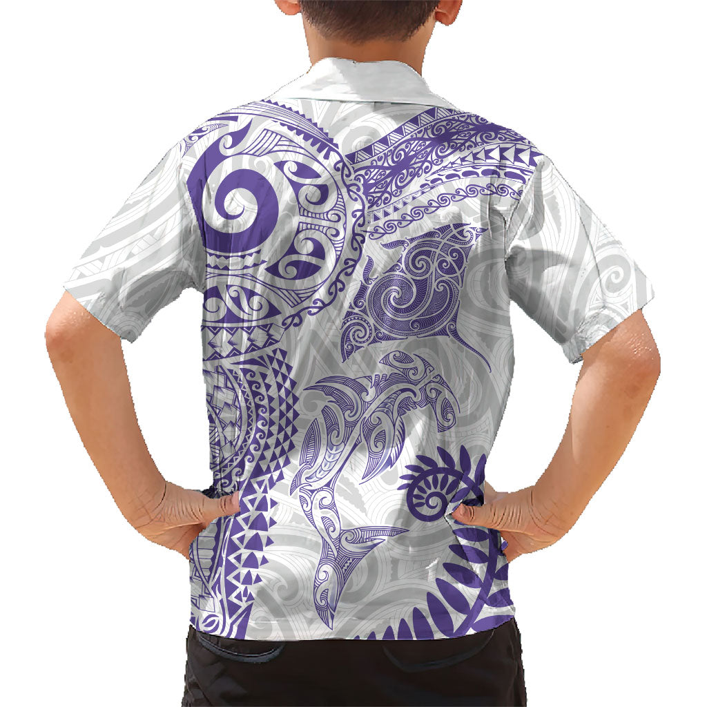 Aotearoa Maori Sea Animals Tribal Family Matching Long Sleeve Bodycon Dress and Hawaiian Shirt Manta Ray and Shark Moko Pattern Purple Color LT03 - Polynesian Pride