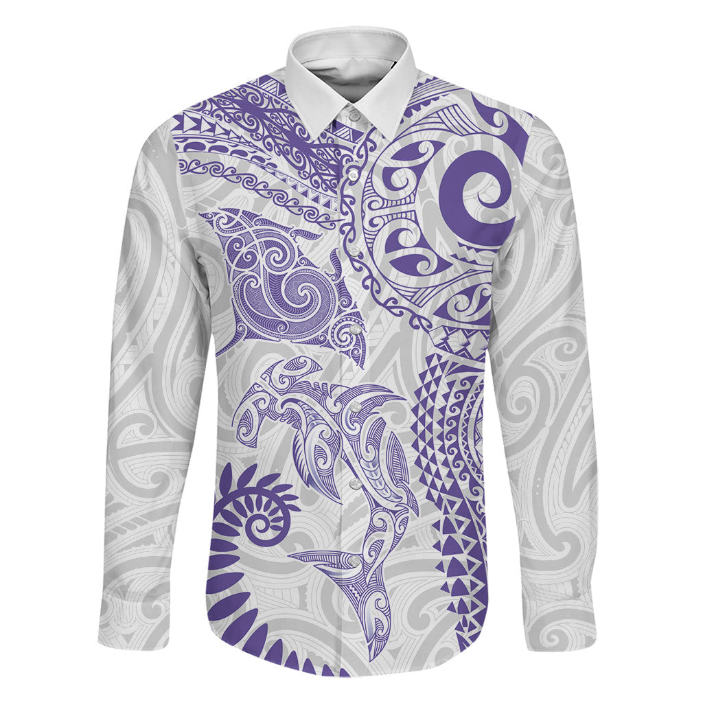 Aotearoa Maori Sea Animals Tribal Family Matching Long Sleeve Bodycon Dress and Hawaiian Shirt Manta Ray and Shark Moko Pattern Purple Color LT03 Dad's Shirt - Long Sleeve Purple - Polynesian Pride