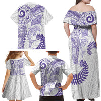 Aotearoa Maori Sea Animals Tribal Family Matching Off Shoulder Maxi Dress and Hawaiian Shirt Manta Ray and Shark Moko Pattern Purple Color LT03 - Polynesian Pride