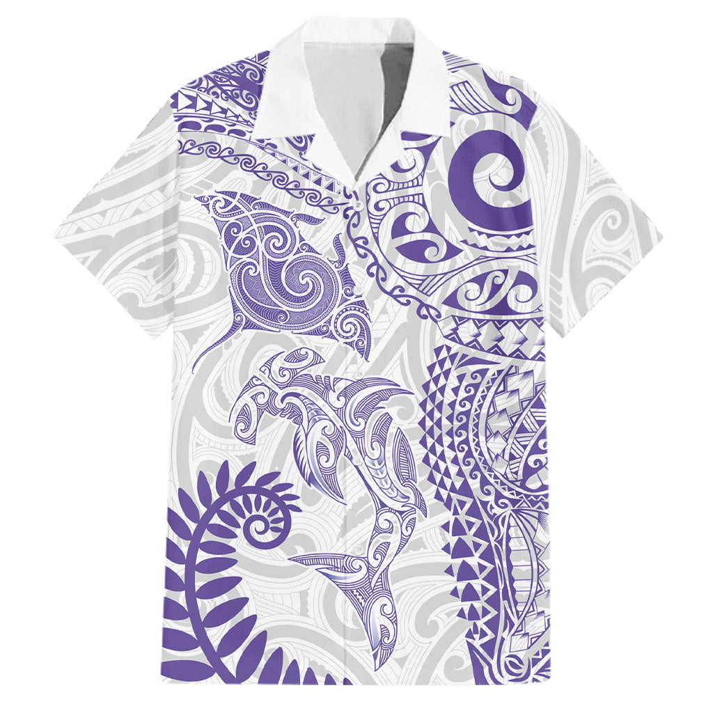 Aotearoa Maori Sea Animals Tribal Family Matching Off Shoulder Maxi Dress and Hawaiian Shirt Manta Ray and Shark Moko Pattern Purple Color LT03 Dad's Shirt - Short Sleeve Purple - Polynesian Pride
