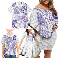 Aotearoa Maori Sea Animals Tribal Family Matching Off Shoulder Short Dress and Hawaiian Shirt Manta Ray and Shark Moko Pattern Purple Color LT03 - Polynesian Pride