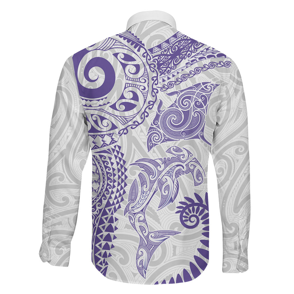 Aotearoa Maori Sea Animals Tribal Family Matching Off Shoulder Short Dress and Hawaiian Shirt Manta Ray and Shark Moko Pattern Purple Color LT03 - Polynesian Pride
