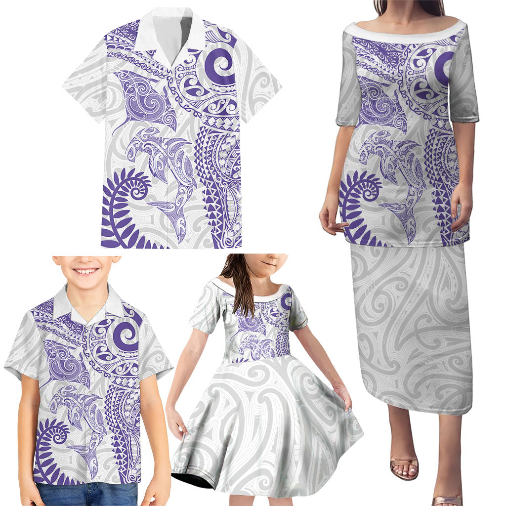 Aotearoa Maori Sea Animals Tribal Family Matching Puletasi and Hawaiian Shirt Manta Ray and Shark Moko Pattern Purple Color LT03 - Polynesian Pride