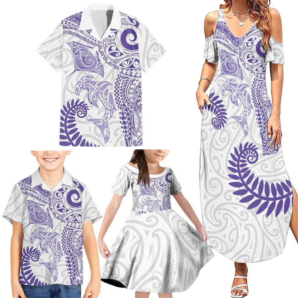 Aotearoa Maori Sea Animals Tribal Family Matching Summer Maxi Dress and Hawaiian Shirt Manta Ray and Shark Moko Pattern Purple Color