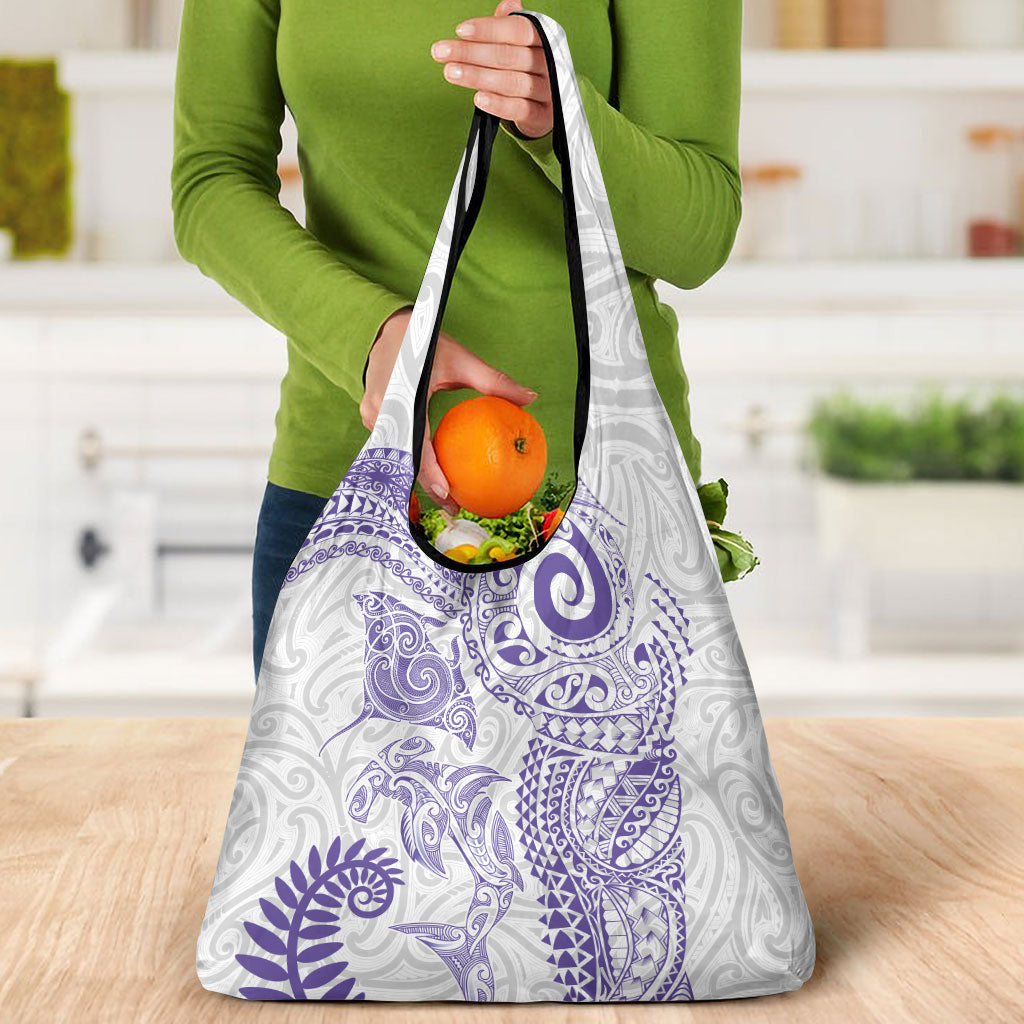 Aotearoa Maori Sea Animals Tribal Grocery Bag Manta Ray and Shark Moko Pattern Purple Color LT03 - Polynesian Pride