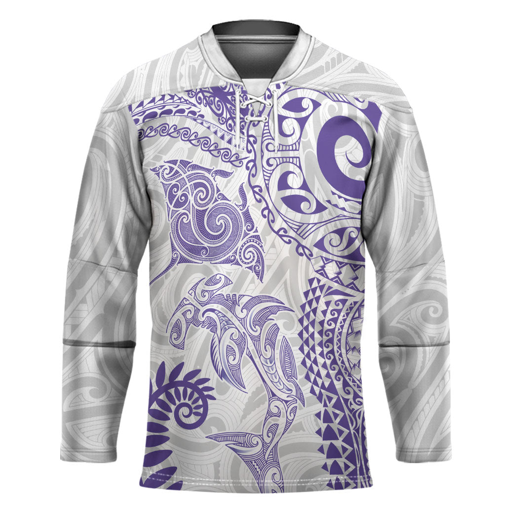 Aotearoa Maori Sea Animals Tribal Hockey Jersey Manta Ray and Shark Moko Pattern Purple Color LT03 Unisex Purple - Polynesian Pride