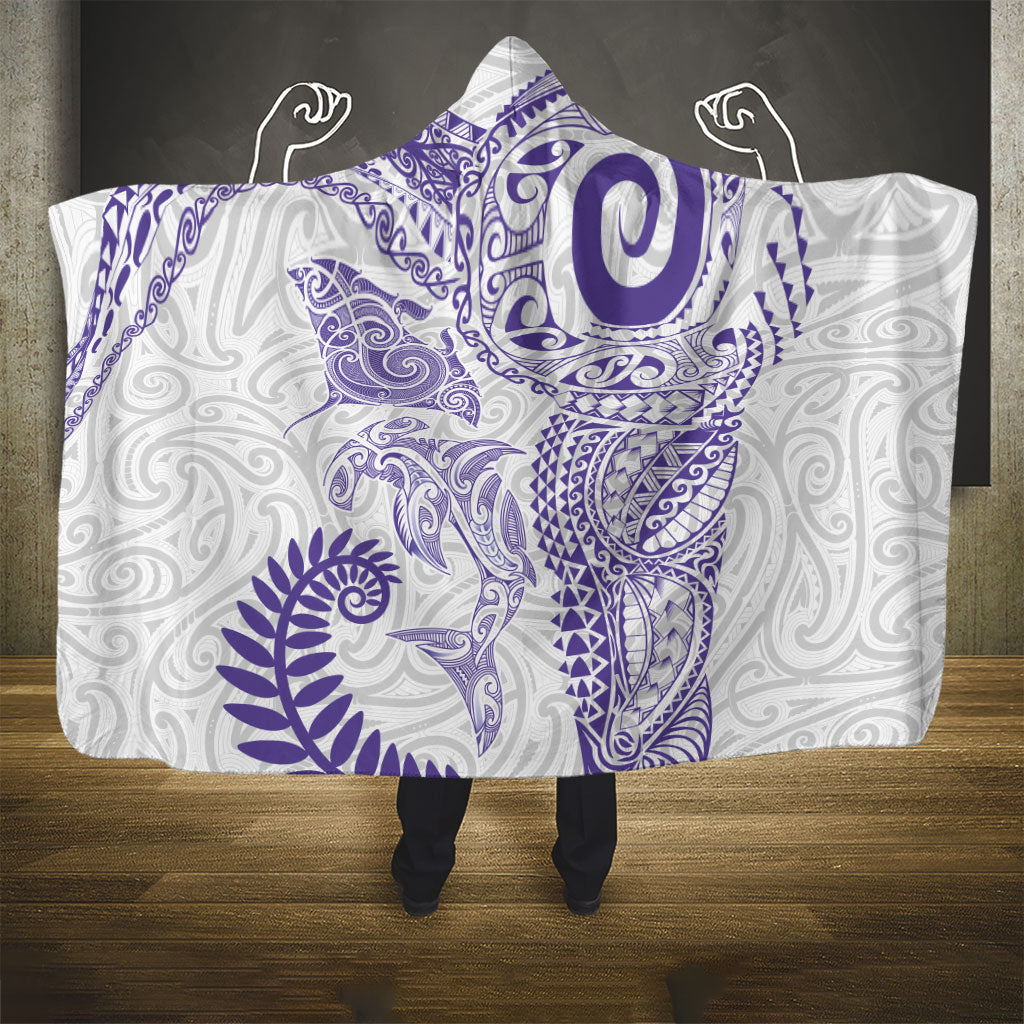 Aotearoa Maori Sea Animals Tribal Hooded Blanket Manta Ray and Shark Moko Pattern Purple Color LT03 - Polynesian Pride