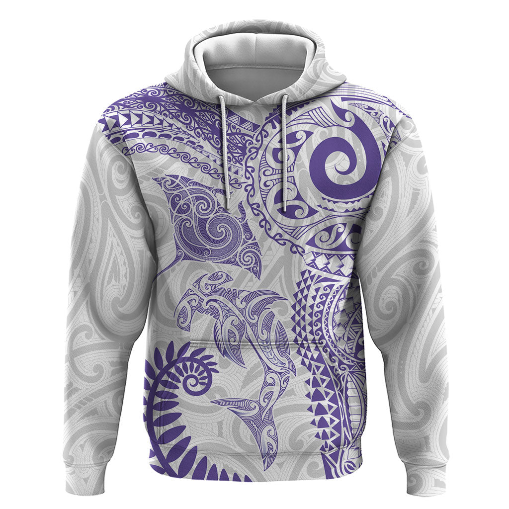 Aotearoa Maori Sea Animals Tribal Hoodie Manta Ray and Shark Moko Pattern Purple Color LT03 Pullover Hoodie Purple - Polynesian Pride