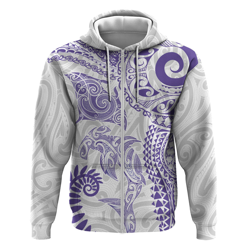 Aotearoa Maori Sea Animals Tribal Hoodie Manta Ray and Shark Moko Pattern Purple Color LT03 Zip Hoodie Purple - Polynesian Pride