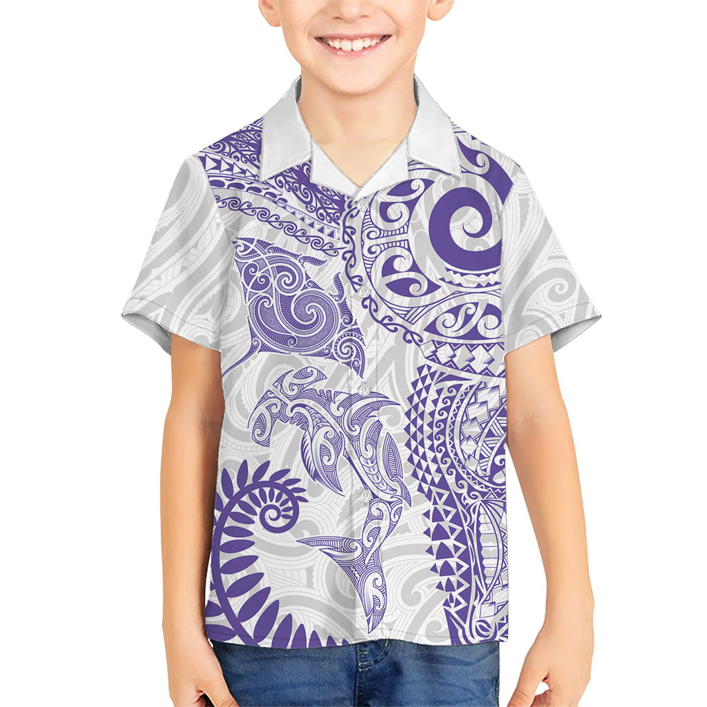 Aotearoa Maori Sea Animals Tribal Kid Hawaiian Shirt Manta Ray and Shark Moko Pattern Purple Color LT03 Kid Purple - Polynesian Pride