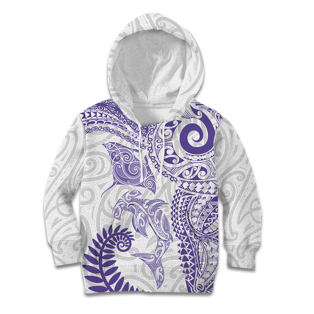 Aotearoa Maori Sea Animals Tribal Kid Hoodie Manta Ray and Shark Moko Pattern Purple Color LT03 Hoodie Purple - Polynesian Pride