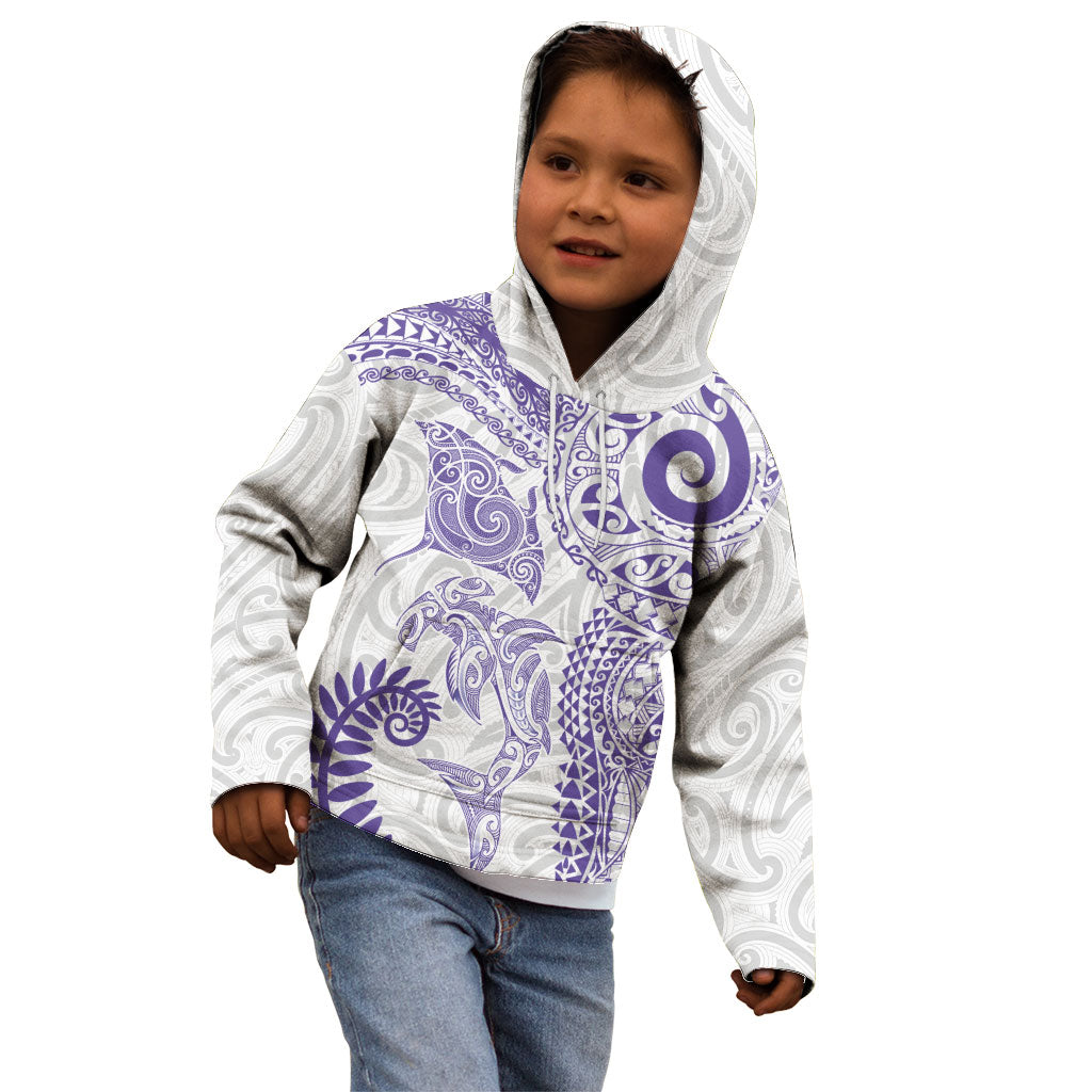 Aotearoa Maori Sea Animals Tribal Kid Hoodie Manta Ray and Shark Moko Pattern Purple Color LT03 - Polynesian Pride