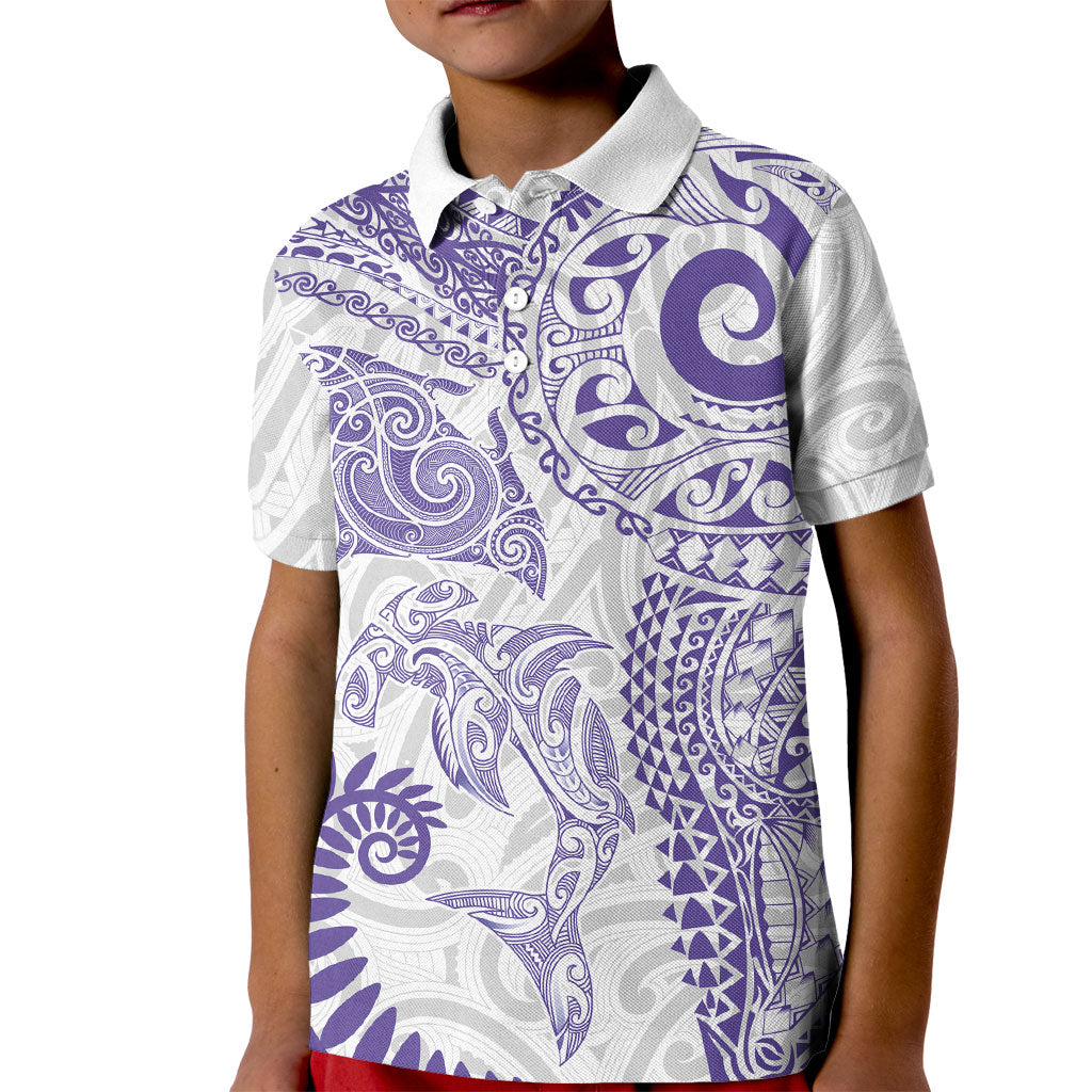 Aotearoa Maori Sea Animals Tribal Kid Polo Shirt Manta Ray and Shark Moko Pattern Purple Color LT03 Kid Purple - Polynesian Pride