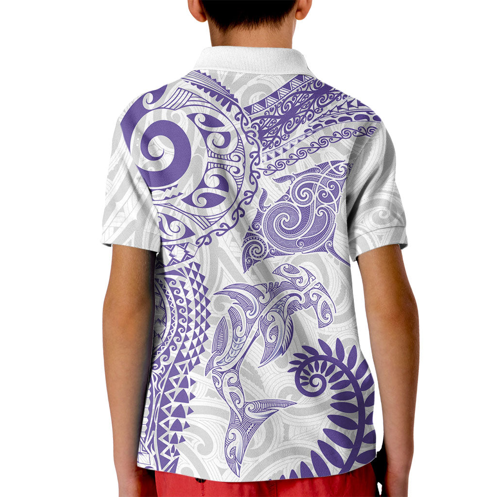 Aotearoa Maori Sea Animals Tribal Kid Polo Shirt Manta Ray and Shark Moko Pattern Purple Color LT03 - Polynesian Pride