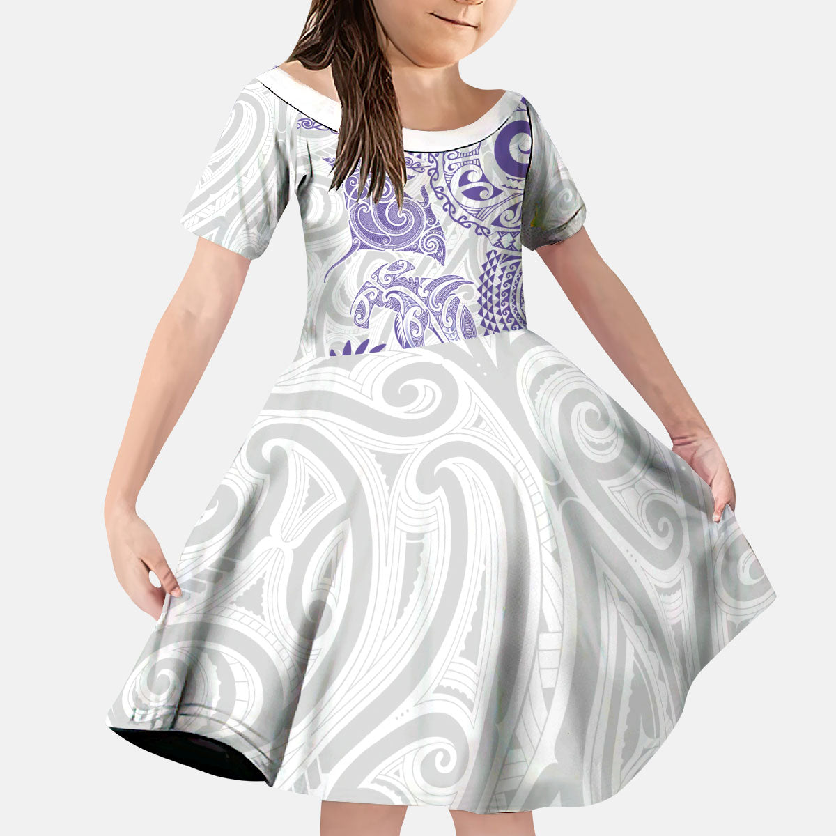 Aotearoa Maori Sea Animals Tribal Kid Short Sleeve Dress Manta Ray and Shark Moko Pattern Purple Color LT03 KID Purple - Polynesian Pride