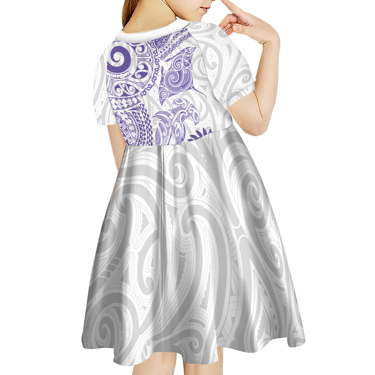 Aotearoa Maori Sea Animals Tribal Kid Short Sleeve Dress Manta Ray and Shark Moko Pattern Purple Color LT03 - Polynesian Pride