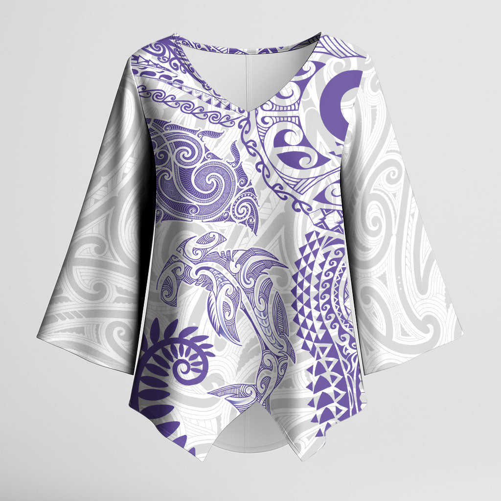Aotearoa Maori Sea Animals Tribal Kimono Sleeve Blouse Manta Ray and Shark Moko Pattern Purple Color LT03 Female Purple - Polynesian Pride