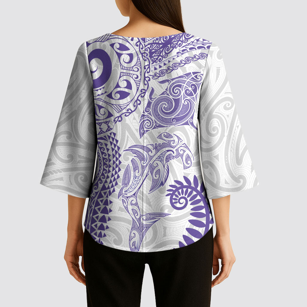 Aotearoa Maori Sea Animals Tribal Kimono Sleeve Blouse Manta Ray and Shark Moko Pattern Purple Color LT03 - Polynesian Pride