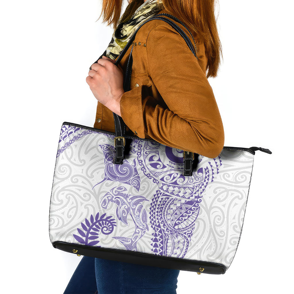 Aotearoa Maori Sea Animals Tribal Leather Tote Bag Manta Ray and Shark Moko Pattern Purple Color LT03 Purple - Polynesian Pride