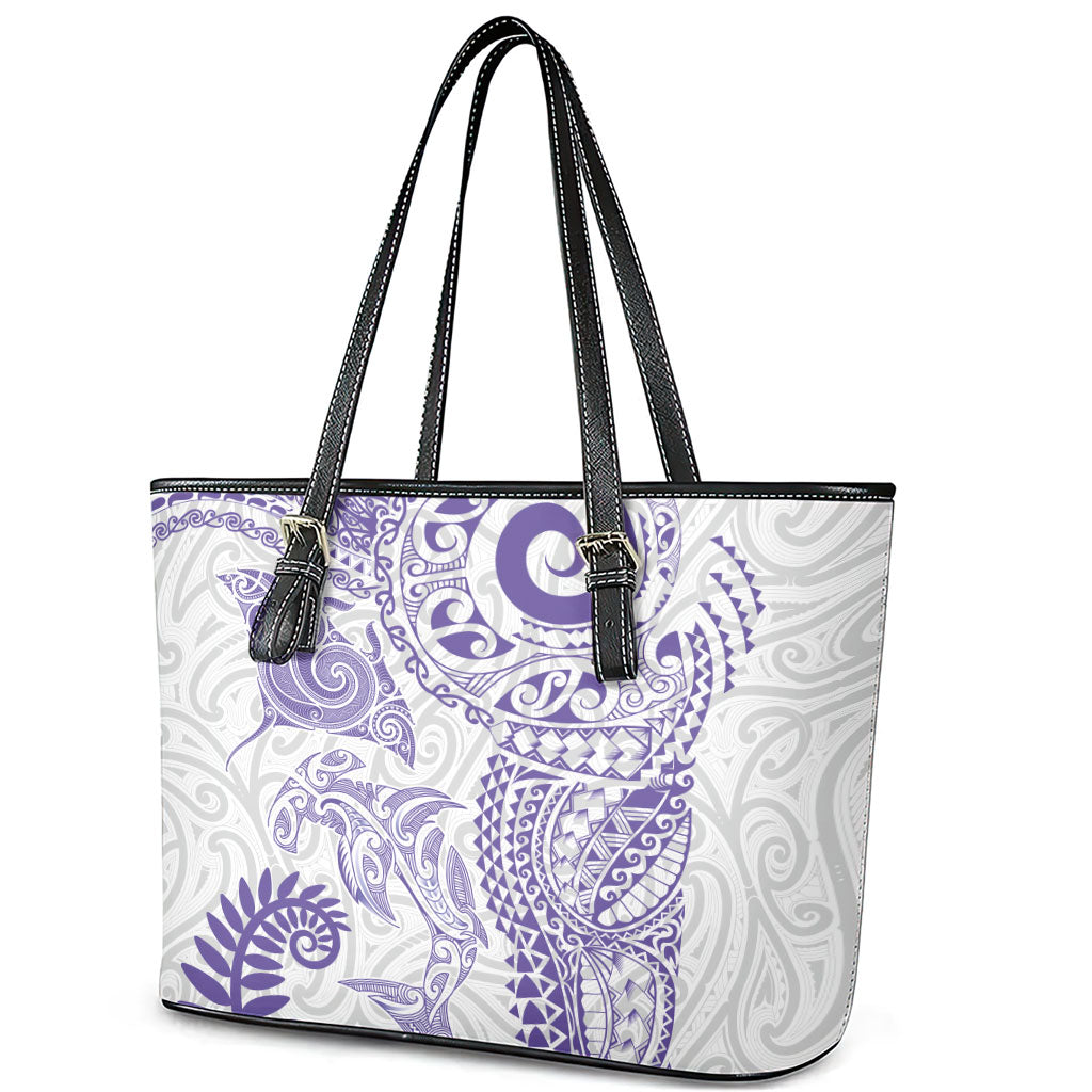 Aotearoa Maori Sea Animals Tribal Leather Tote Bag Manta Ray and Shark Moko Pattern Purple Color LT03 - Polynesian Pride