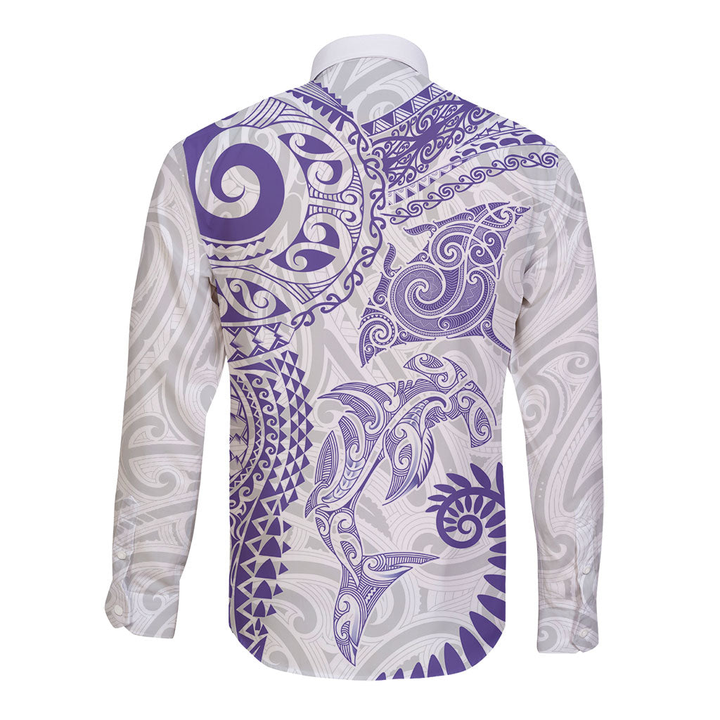 Aotearoa Maori Sea Animals Tribal Long Sleeve Button Shirt Manta Ray and Shark Moko Pattern Purple Color LT03 - Polynesian Pride