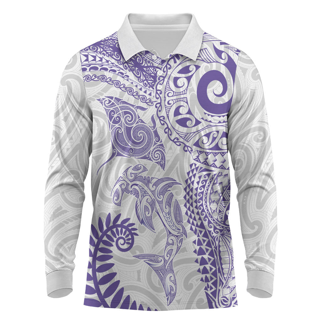 Aotearoa Maori Sea Animals Tribal Long Sleeve Polo Shirt Manta Ray and Shark Moko Pattern Purple Color LT03 Purple - Polynesian Pride