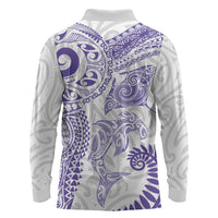 Aotearoa Maori Sea Animals Tribal Long Sleeve Polo Shirt Manta Ray and Shark Moko Pattern Purple Color LT03 - Polynesian Pride