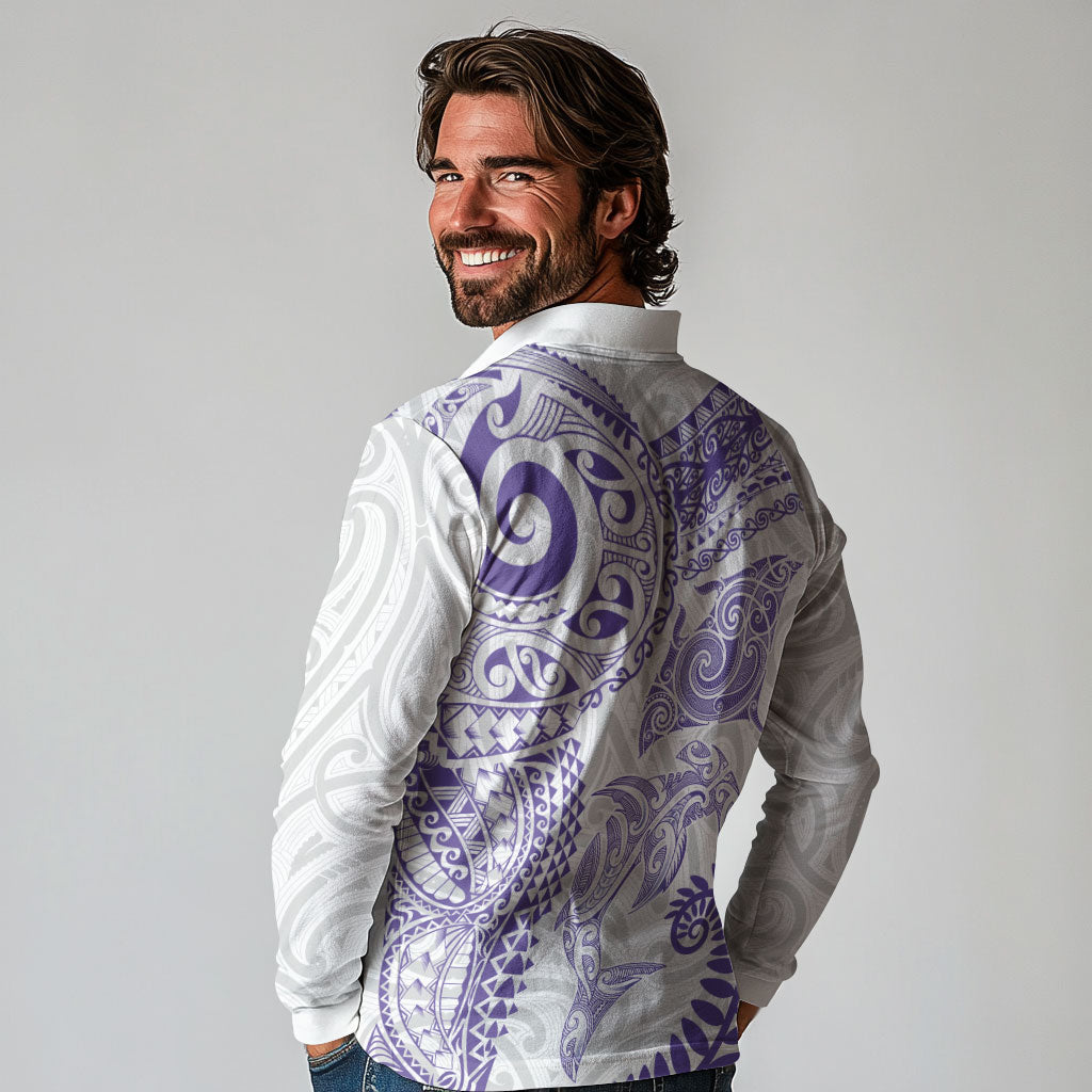 Aotearoa Maori Sea Animals Tribal Long Sleeve Polo Shirt Manta Ray and Shark Moko Pattern Purple Color LT03 - Polynesian Pride