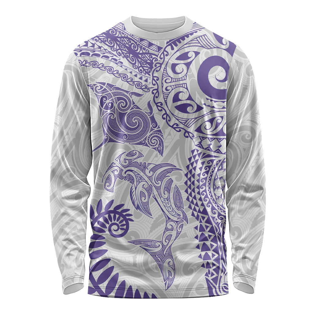 Aotearoa Maori Sea Animals Tribal Long Sleeve Shirt Manta Ray and Shark Moko Pattern Purple Color LT03 Unisex Purple - Polynesian Pride