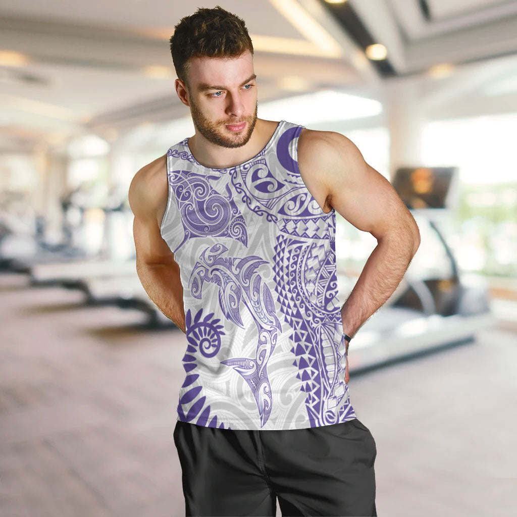 Aotearoa Maori Sea Animals Tribal Men Tank Top Manta Ray and Shark Moko Pattern Purple Color LT03 Purple - Polynesian Pride