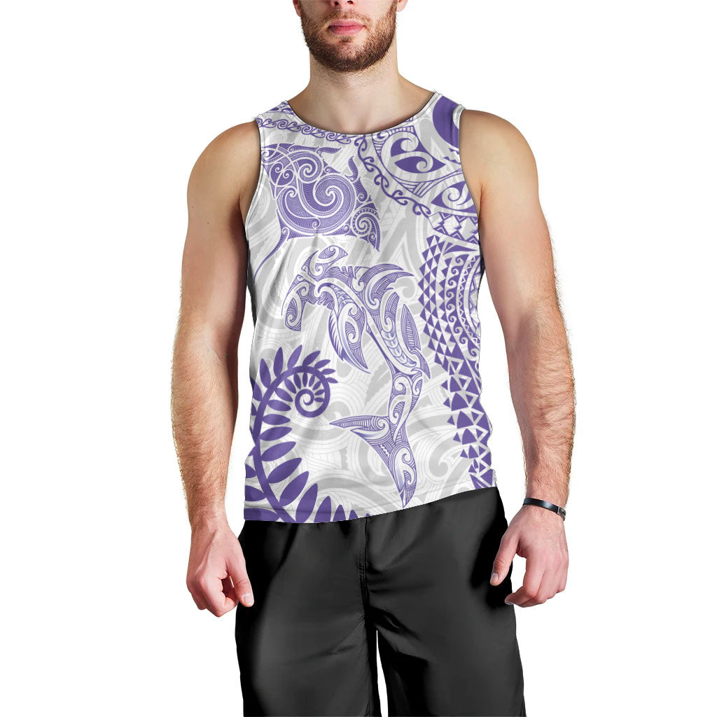 Aotearoa Maori Sea Animals Tribal Men Tank Top Manta Ray and Shark Moko Pattern Purple Color LT03 - Polynesian Pride