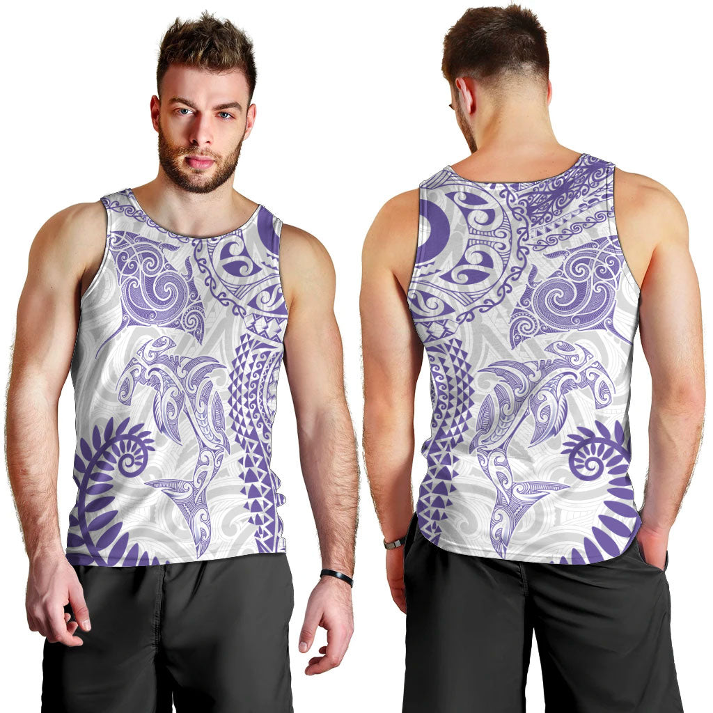 Aotearoa Maori Sea Animals Tribal Men Tank Top Manta Ray and Shark Moko Pattern Purple Color LT03 - Polynesian Pride
