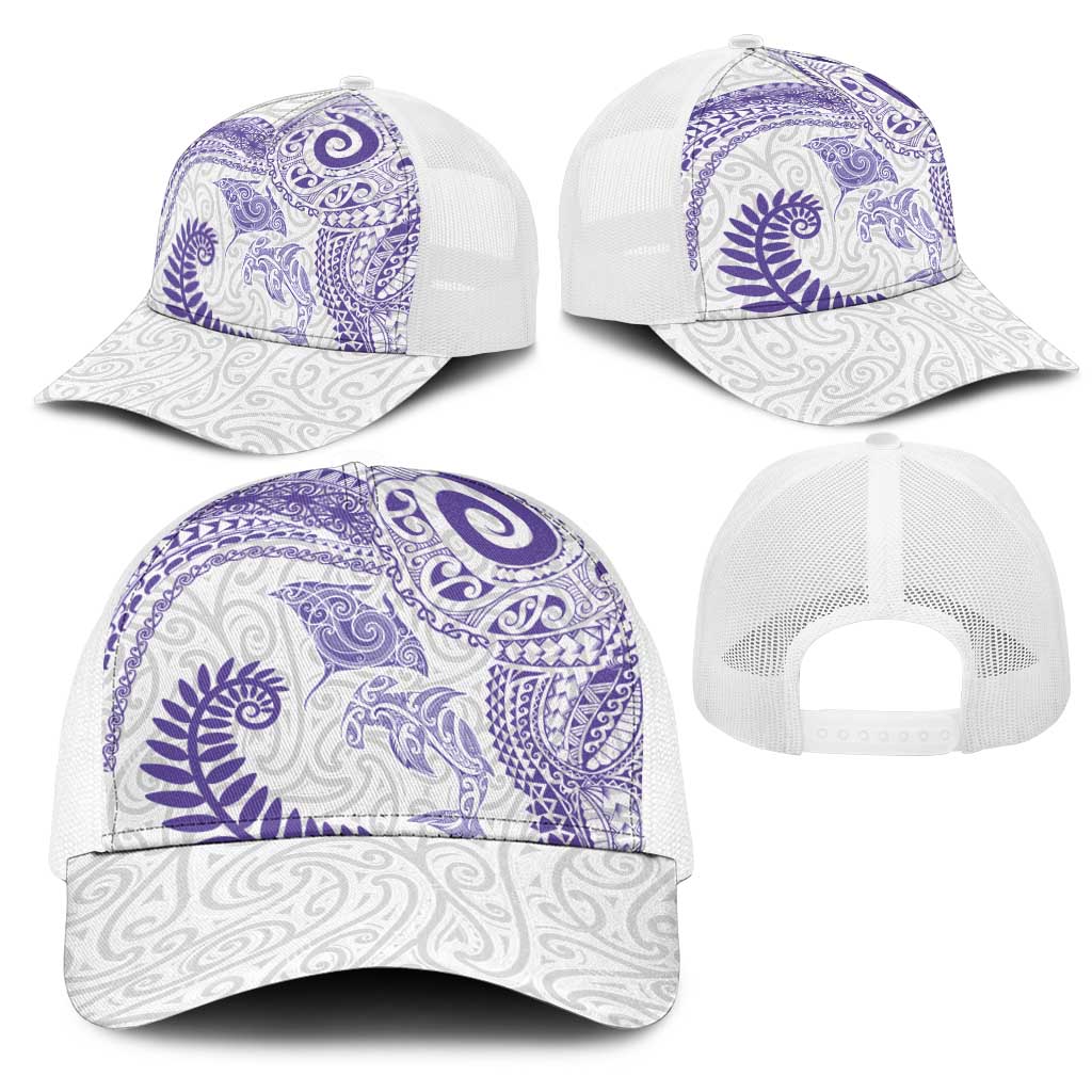 Aotearoa Maori Sea Animals Tribal Mesh Trucker Cap Manta Ray and Shark Moko Pattern Purple Color