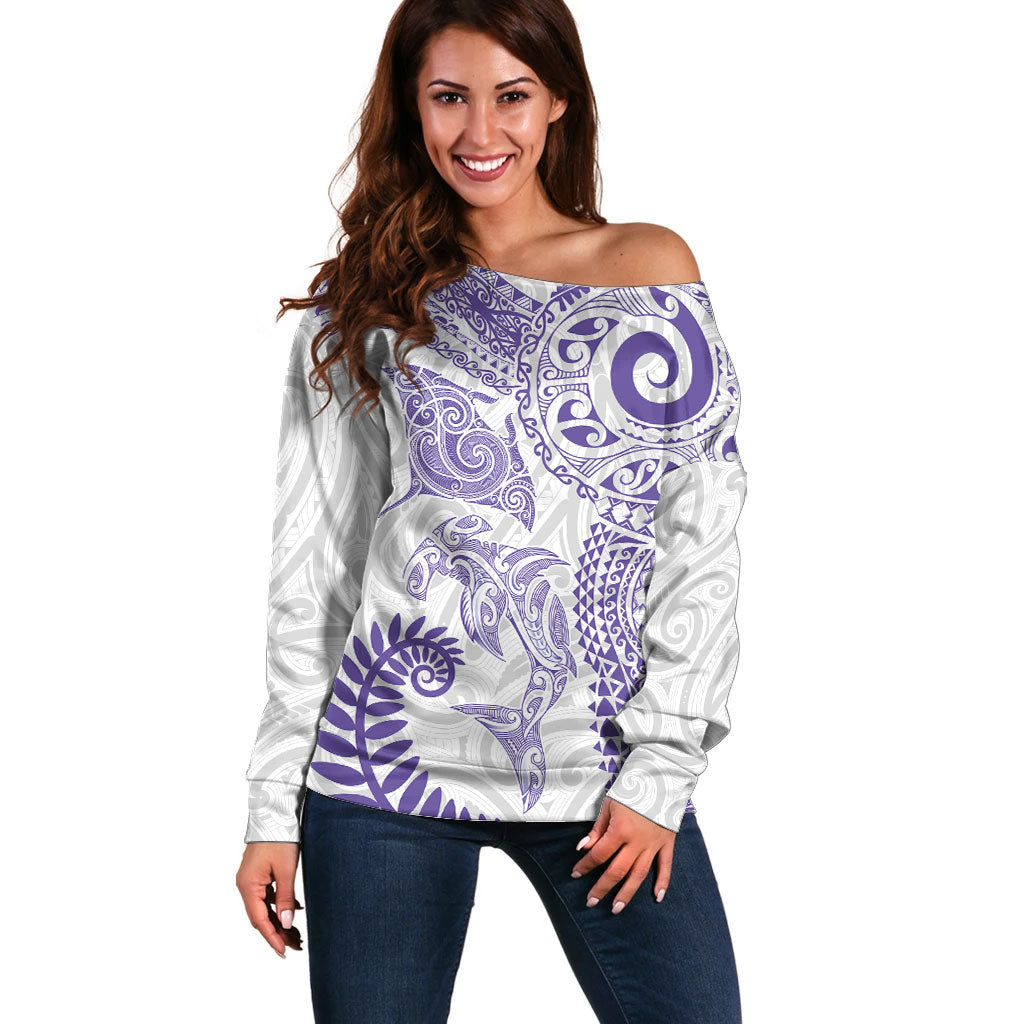 Aotearoa Maori Sea Animals Tribal Off Shoulder Sweater Manta Ray and Shark Moko Pattern Purple Color