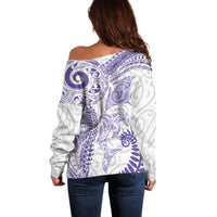 Aotearoa Maori Sea Animals Tribal Off Shoulder Sweater Manta Ray and Shark Moko Pattern Purple Color LT03 - Polynesian Pride