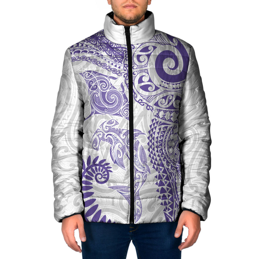 Aotearoa Maori Sea Animals Tribal Padded Jacket Manta Ray and Shark Moko Pattern Purple Color LT03 Men Purple - Polynesian Pride